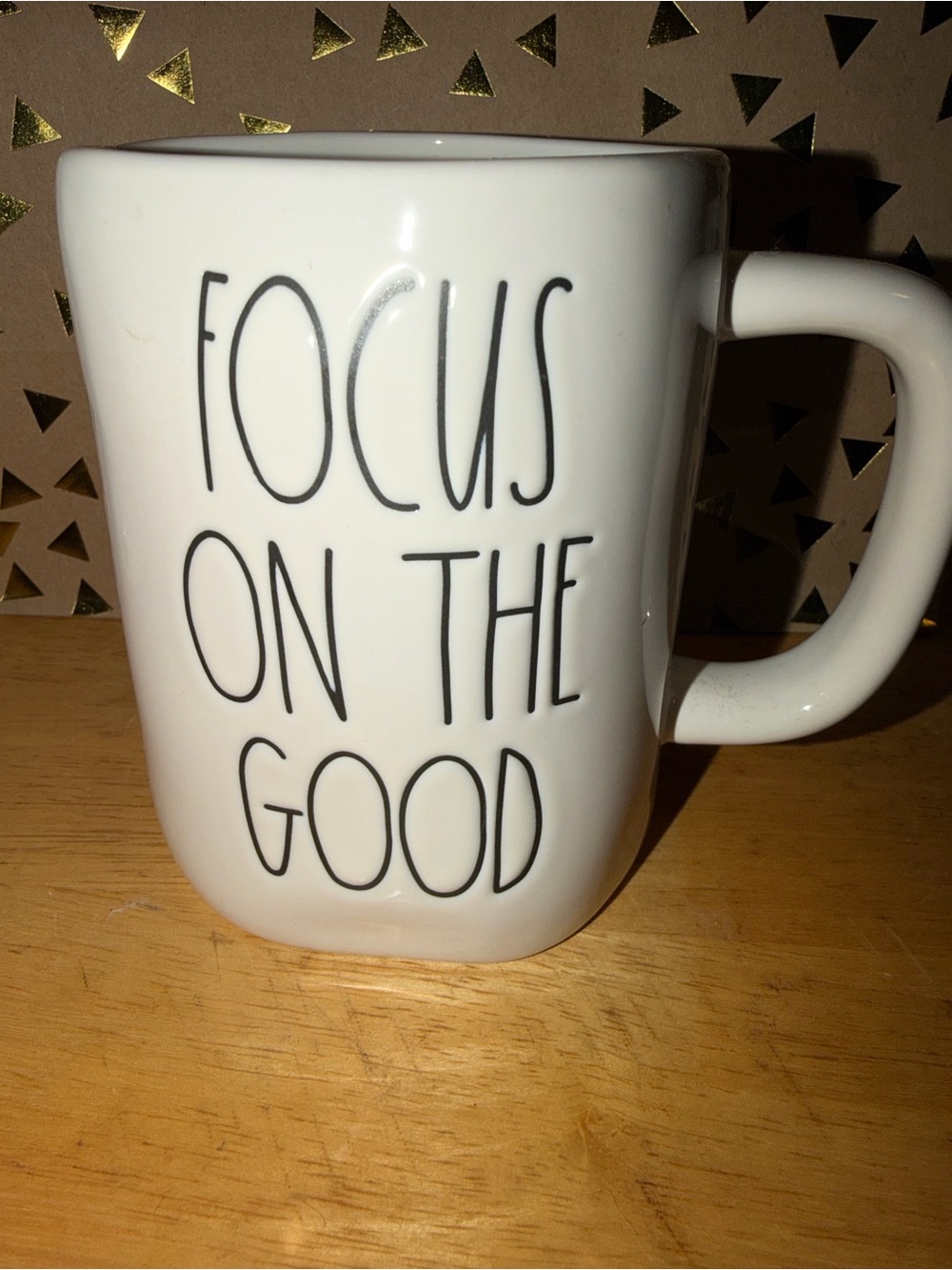 Rae Dunn White Mug with Black 'Focus On The Good' Lettering